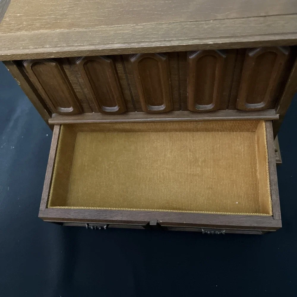 Vintage 60's Mele Wood Jewelry Chest Box Flip Up Lid / 2 Drawers Made In Taiwan‎
